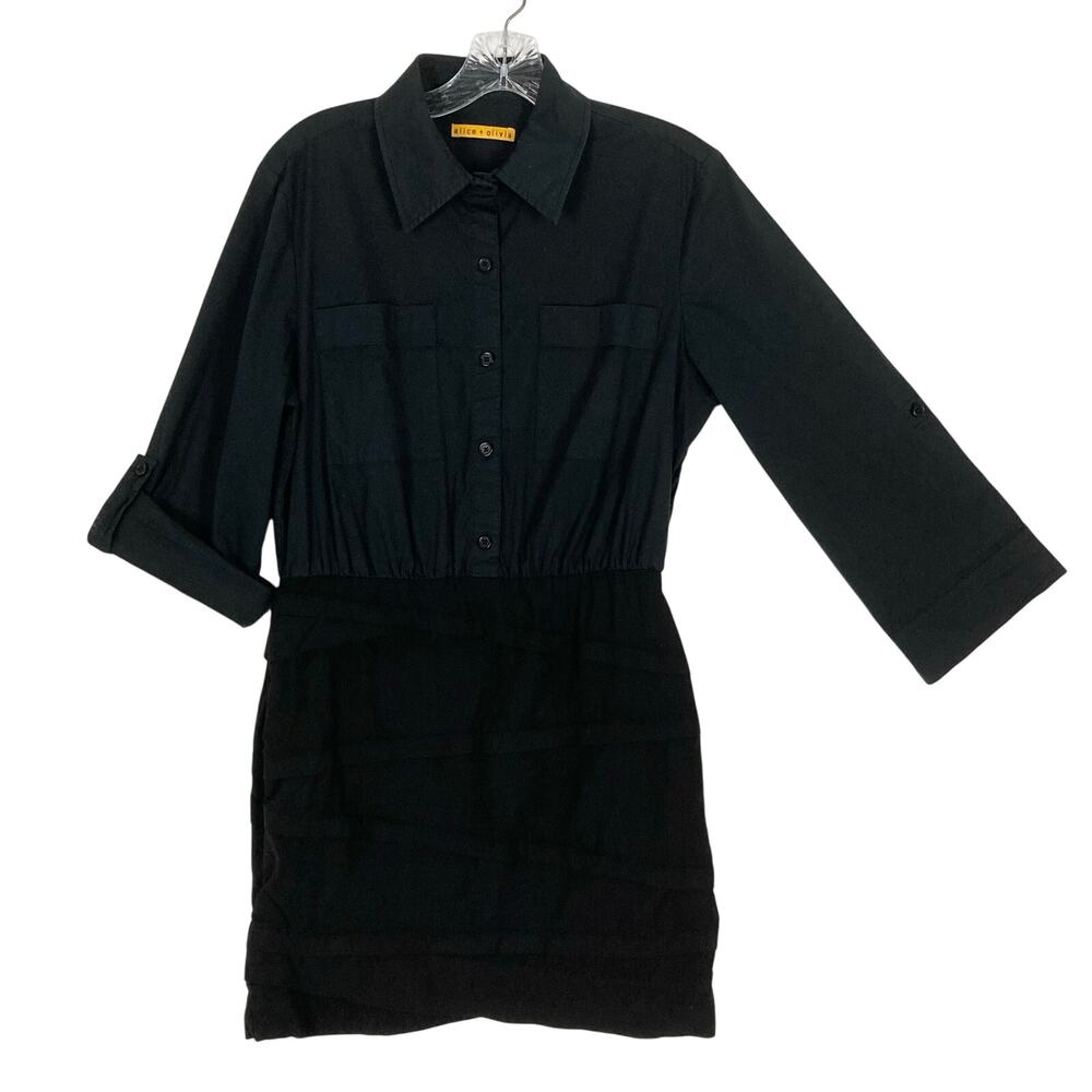 ALICE+OLIVIA Dress ~M Black Poplin Built-In-Skirt Roll-Tab-Slv Mini Knee Office